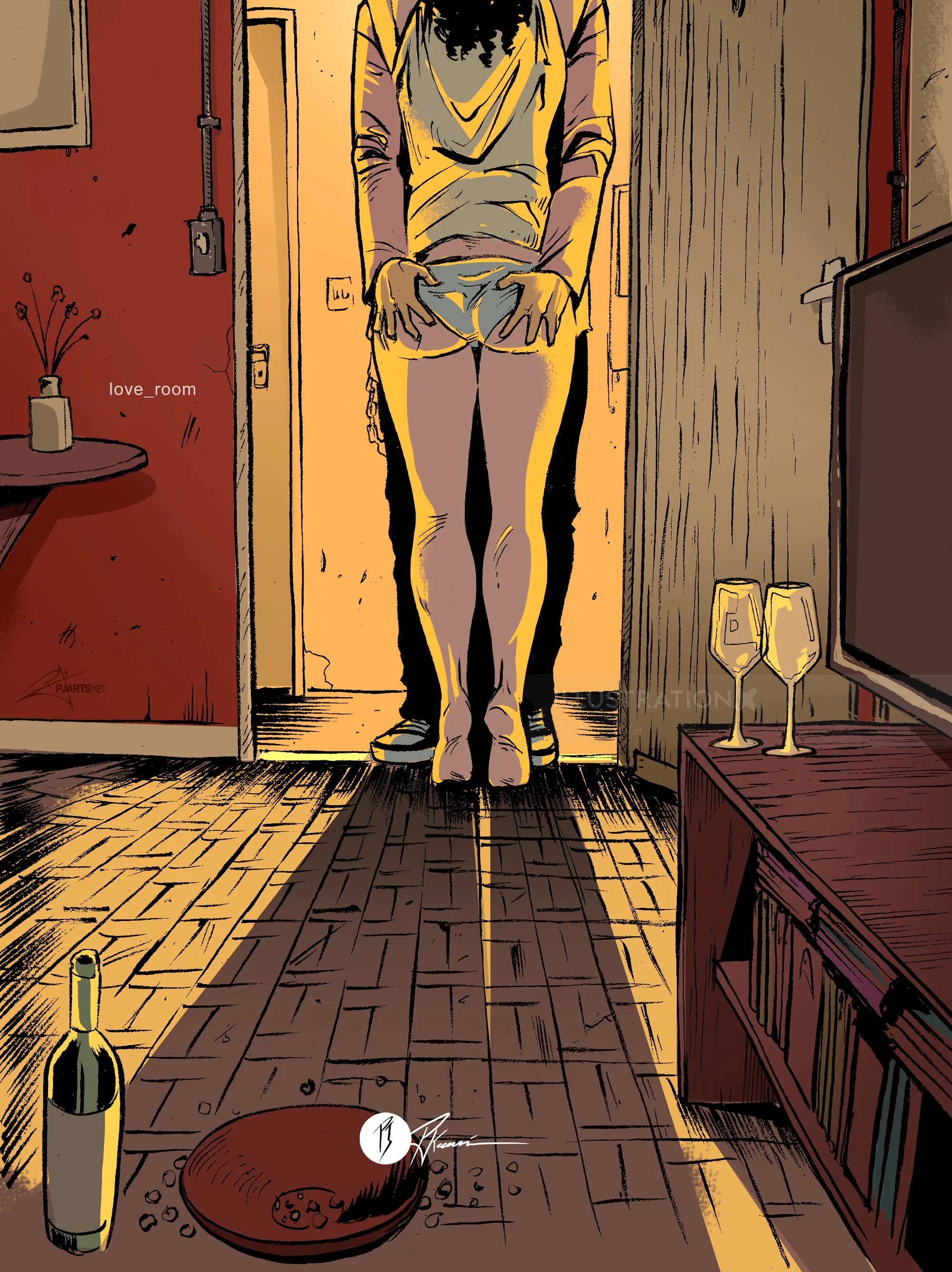 Woman standing in doorway with bottle and glasses on floor