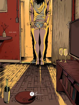 Woman standing in doorway with bottle and glasses on floor