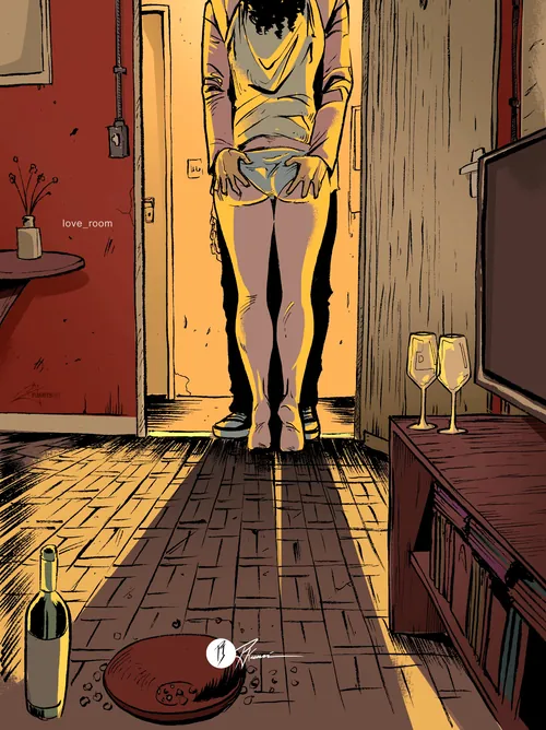 Woman standing in doorway with bottle and glasses on floor