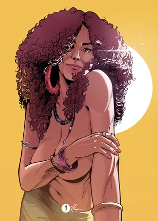 Confident woman with curly hair posing in front of the sun