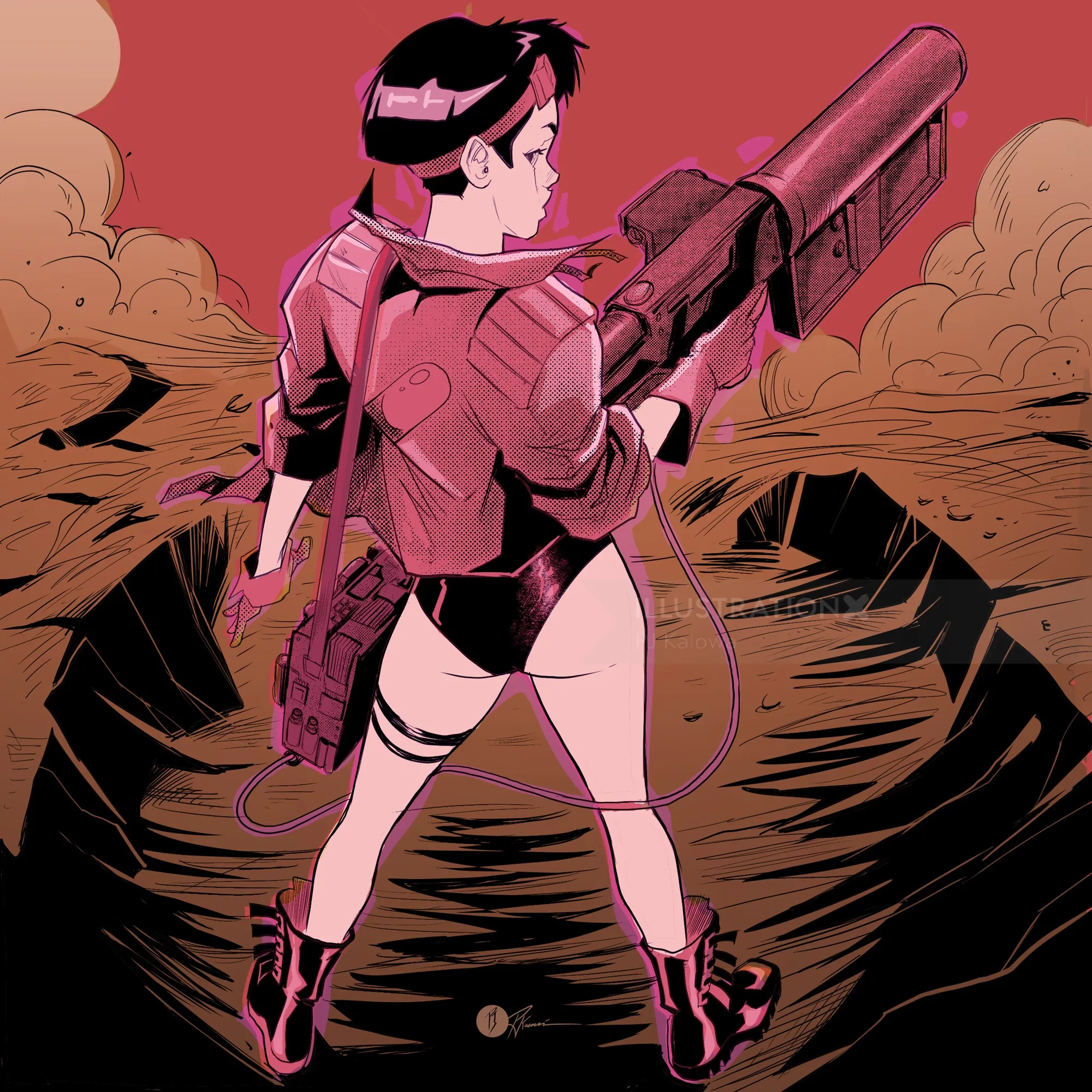 Woman in futuristic armor holding a large weapon on rocky terrain