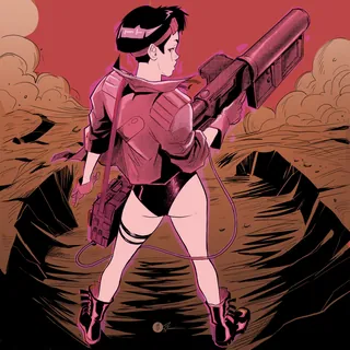 Woman in futuristic armor holding a large weapon on rocky terrain