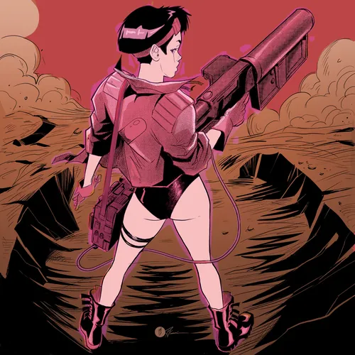 Woman in futuristic armor holding a large weapon on rocky terrain