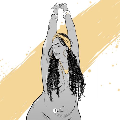 Illustration of a woman stretching with curly hair and headband