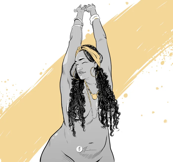 Illustration of a woman stretching with curly hair and headband