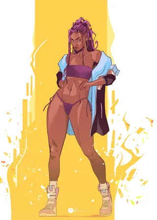 Confident woman with purple hair in sporty outfit against yellow