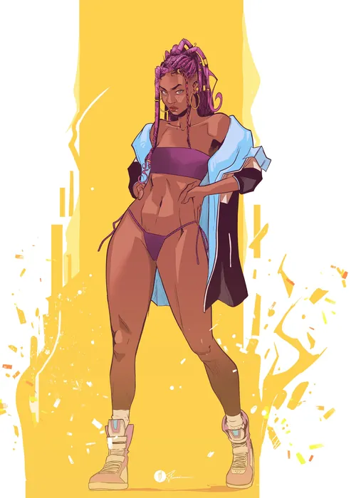 Confident woman with purple hair in sporty outfit against yellow