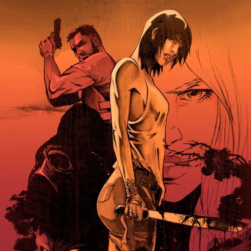 Two armed characters back-to-back with intense red background