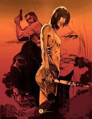 Two armed characters back-to-back with intense red background