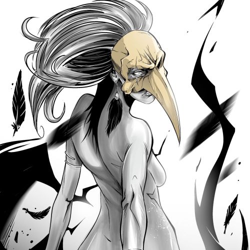 Character with crow mask and flowing hair in dynamic pose