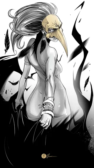 Character with crow mask and flowing hair in dynamic pose