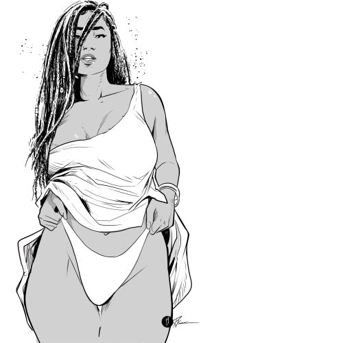 Black and white sketch of woman lifting shirt revealing underwear