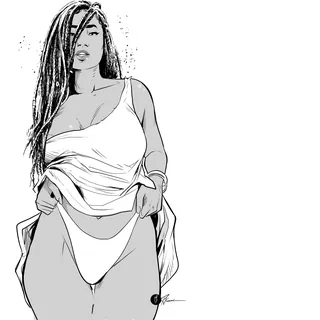 Black and white sketch of woman lifting shirt revealing underwear