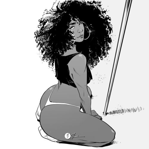 Line drawing of curly-haired woman kneeling