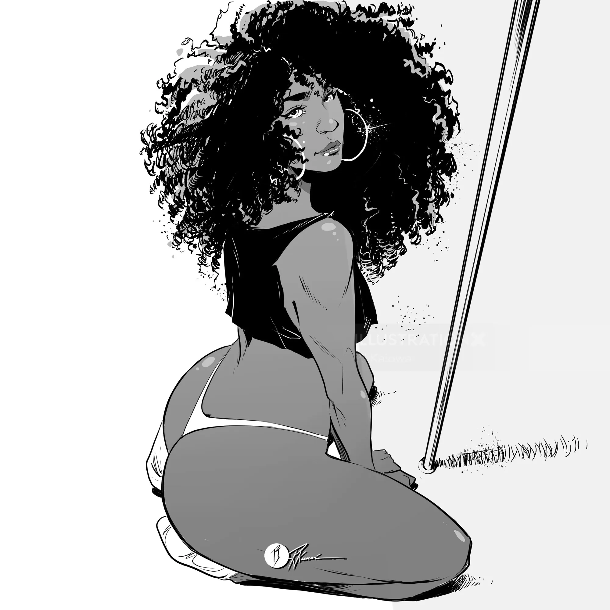 Line drawing of curly-haired woman kneeling