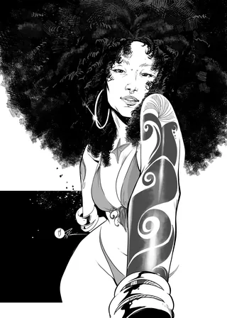 Illustration of a woman with afro hairstyle and intricate arm tattoo