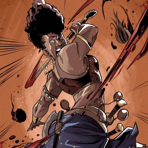 Fierce warrior woman in battle stance from The Woman King illustration.