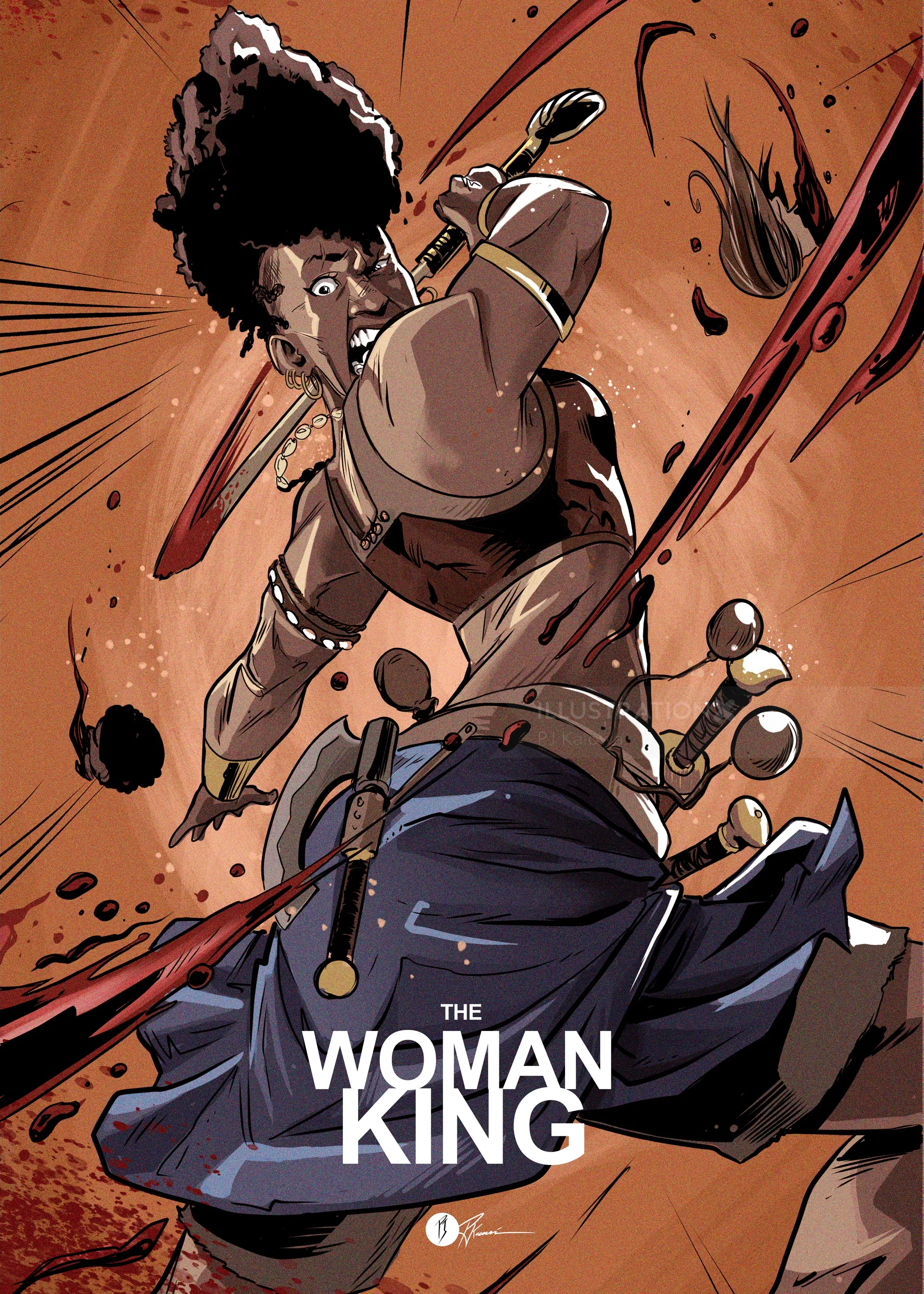 Fierce warrior woman in battle stance from The Woman King illustration.