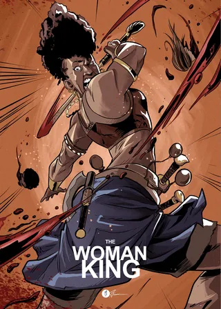 Fierce warrior woman in battle stance from The Woman King illustration.