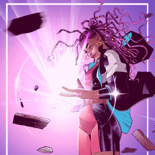 Woman with glowing energy and floating debris in purple light