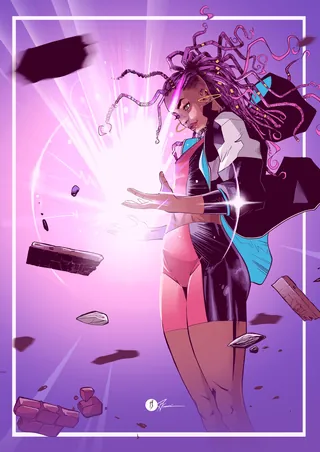 Woman with glowing energy and floating debris in purple light
