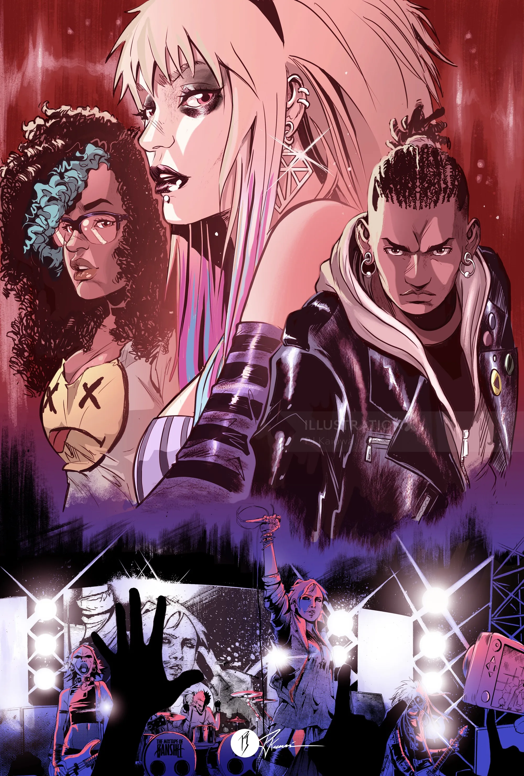 Three stylized characters with futuristic and punk aesthetics