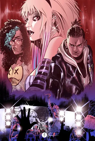 Three stylized characters with futuristic and punk aesthetics
