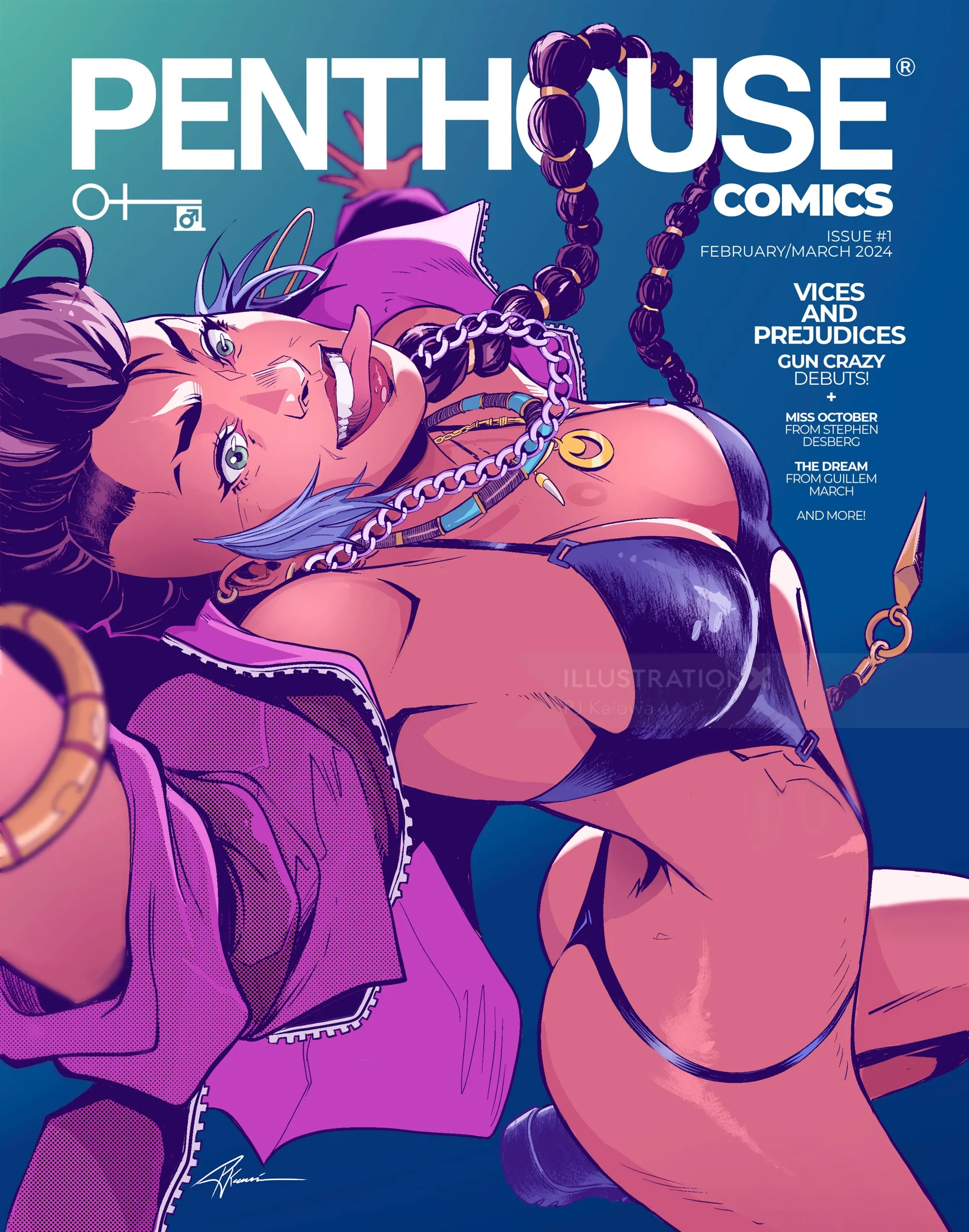 Illustration of a woman with purple hair in revealing outfit on Penthouse cover