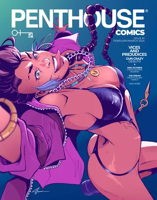 Illustration of a woman with purple hair in revealing outfit on Penthouse cover