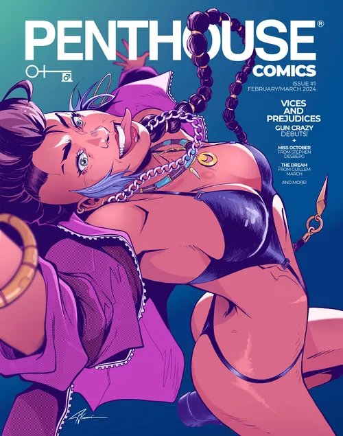 Illustration of a woman with purple hair in revealing outfit on Penthouse cover