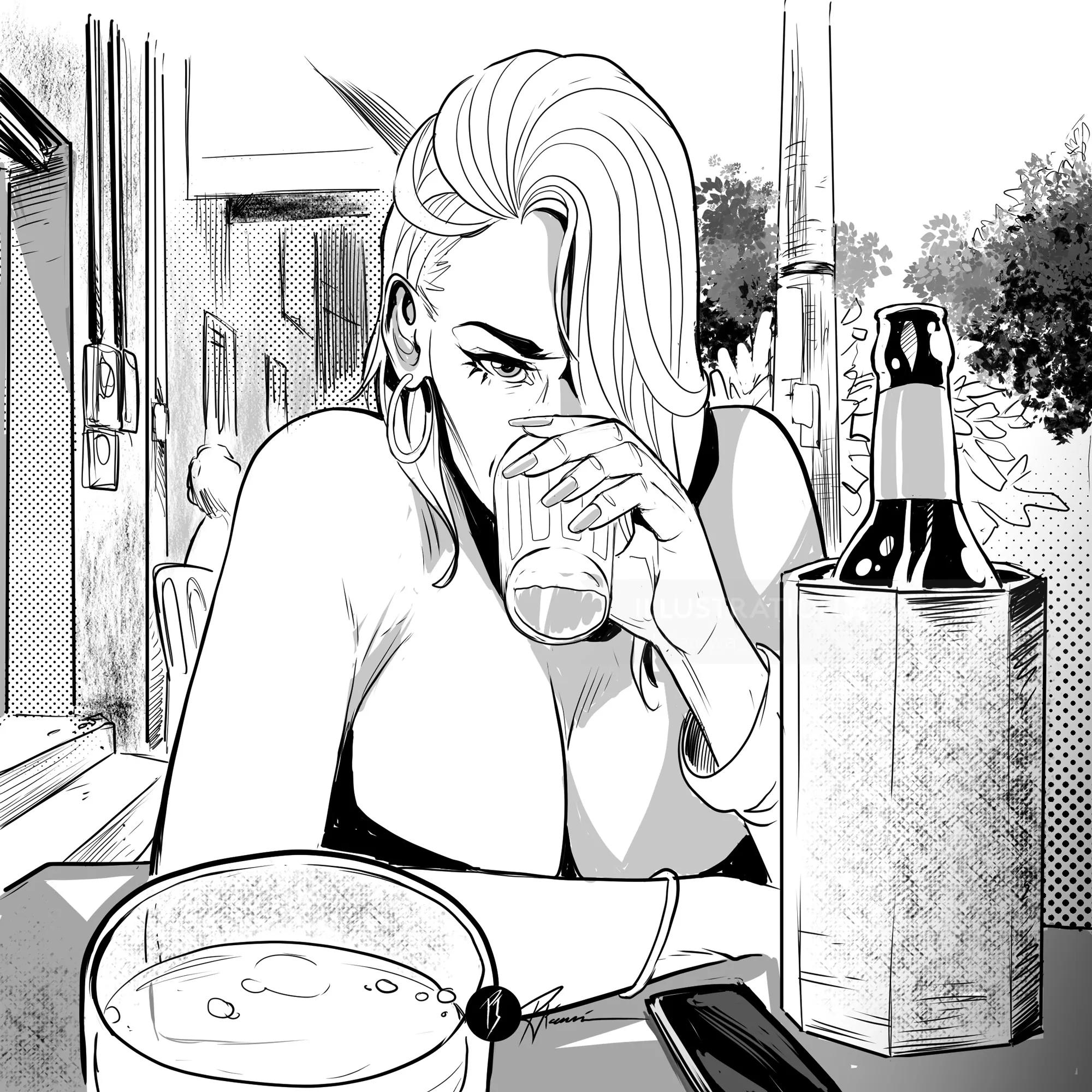 Woman drinking from a glass at a table with a bottle and container nearby.