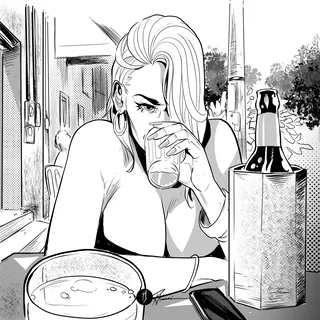 Woman drinking from a glass at a table with a bottle and container nearby.