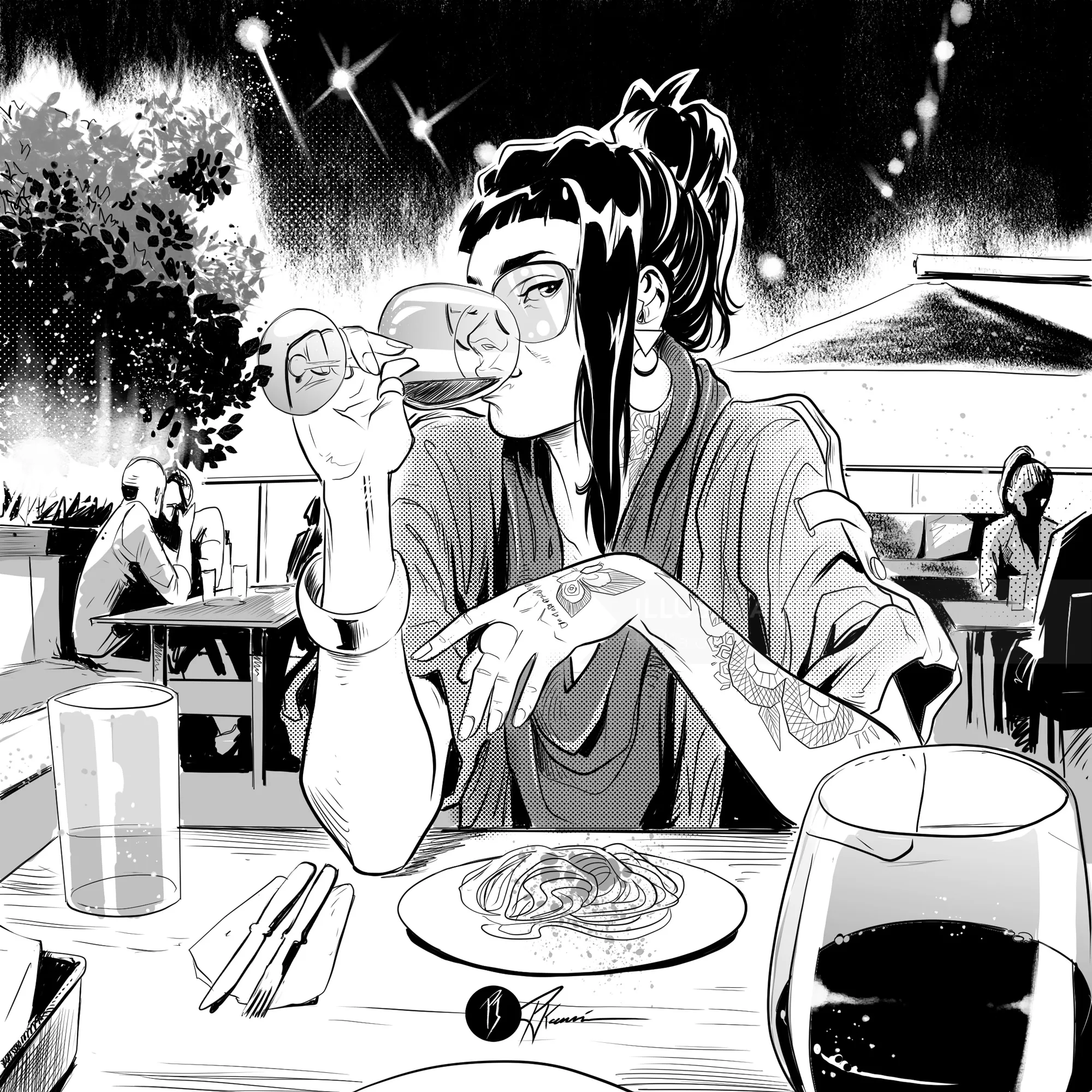Woman drinking wine at restaurant table with food in black and white illustration