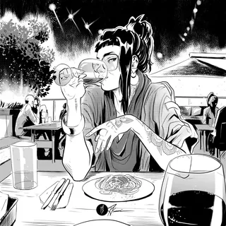 Woman drinking wine at restaurant table with food in black and white illustration