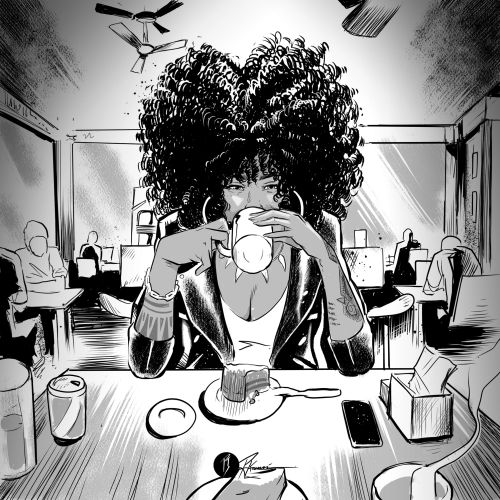 Woman with large curly hair drinking coffee in a cafe with people working