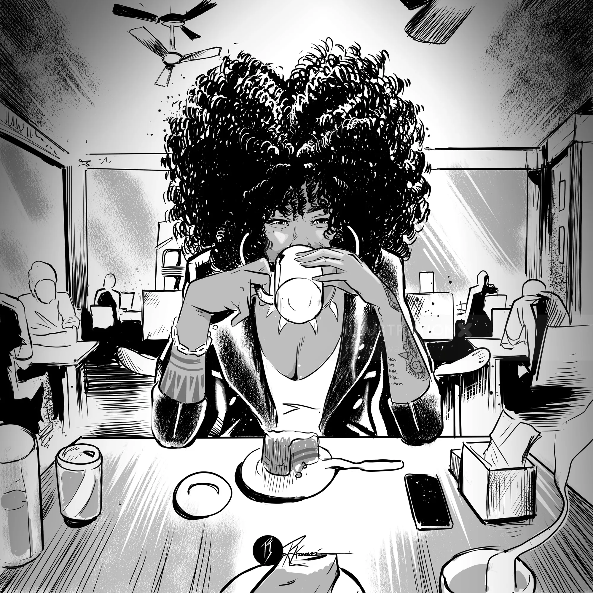 Woman with large curly hair drinking coffee in a cafe with people working