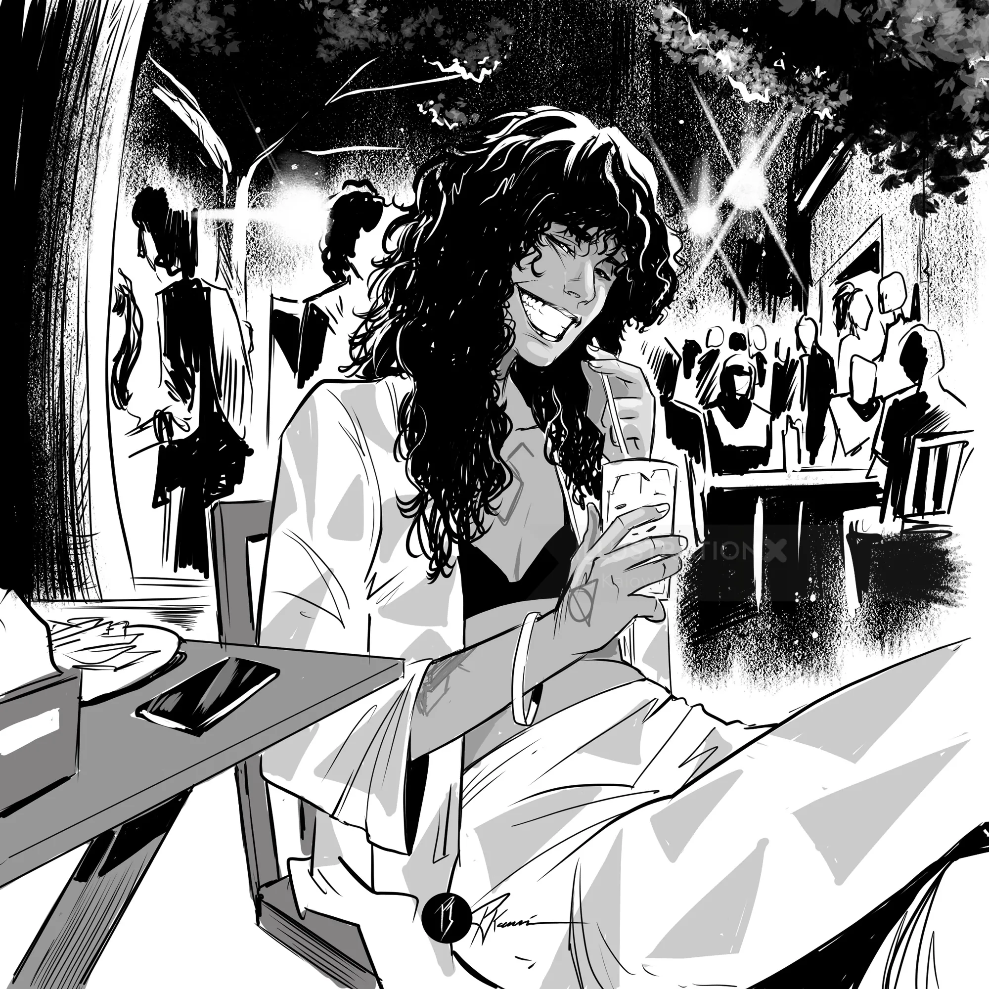 Woman with long hair smiling and holding a cup at outdoor cafe