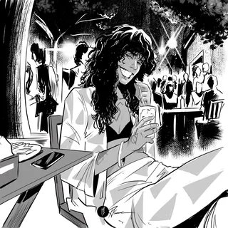 Woman with long hair smiling and holding a cup at outdoor cafe