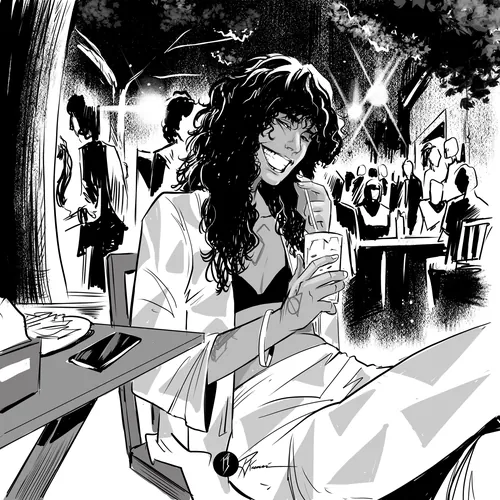 Woman with long hair smiling and holding a cup at outdoor cafe