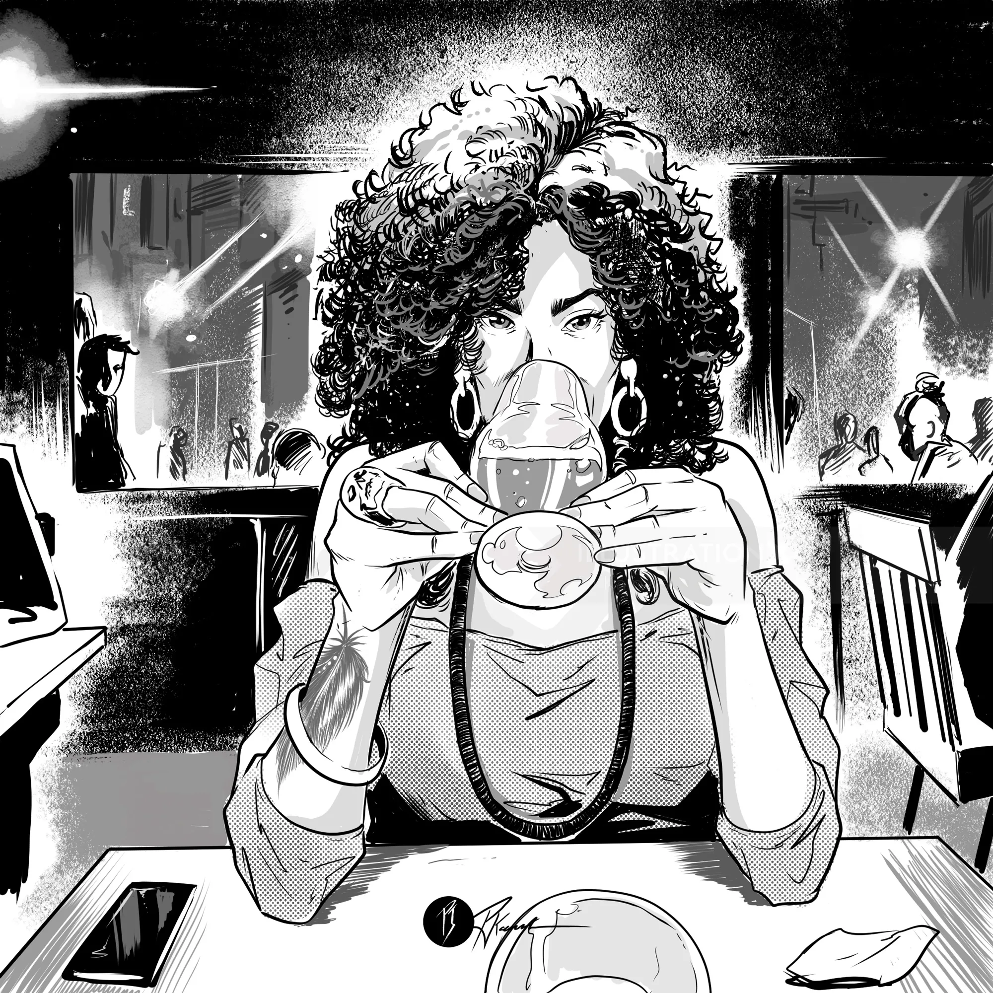 Woman with curly hair drinking from glass in a bar