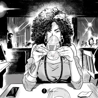 Woman with curly hair drinking from glass in a bar