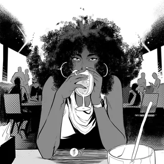 Woman with afro hairstyle drinking a beverage in a crowded social setting