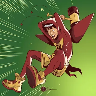 Cartoon superhero in red costume jumping with energy on green background