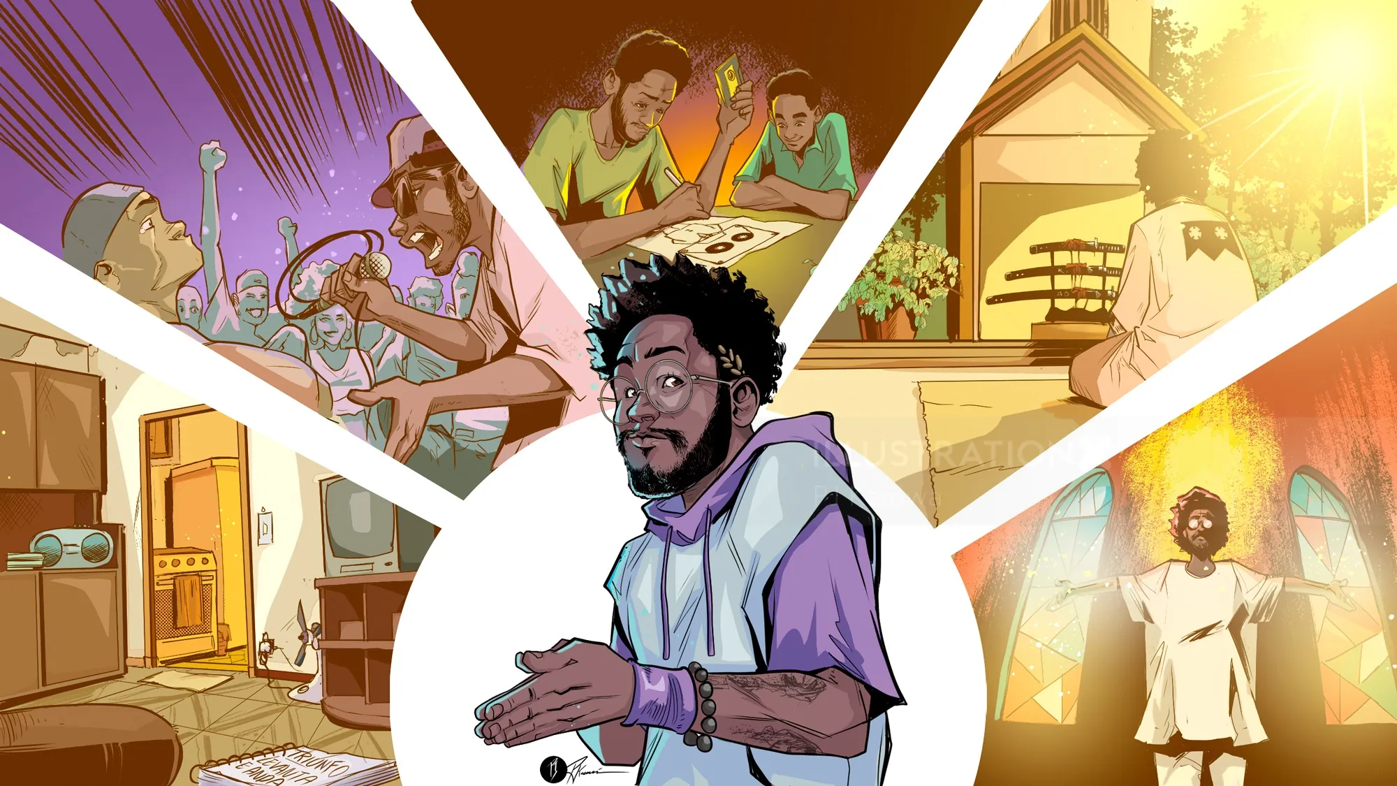African American man depicted in multiple daily life scenes in vibrant illustration.