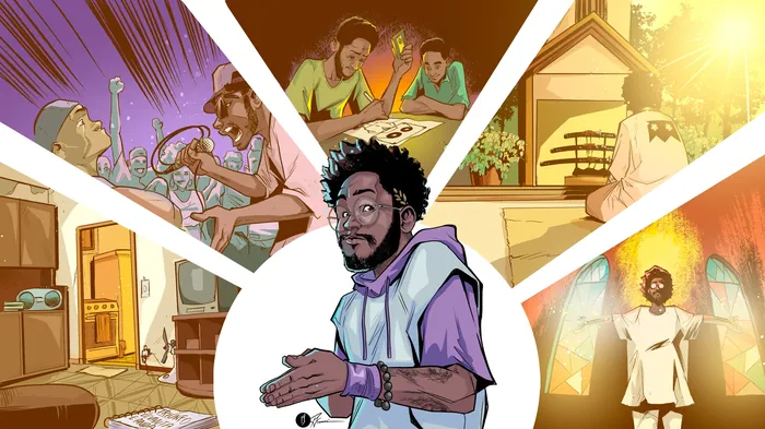 African American man depicted in multiple daily life scenes in vibrant illustration.