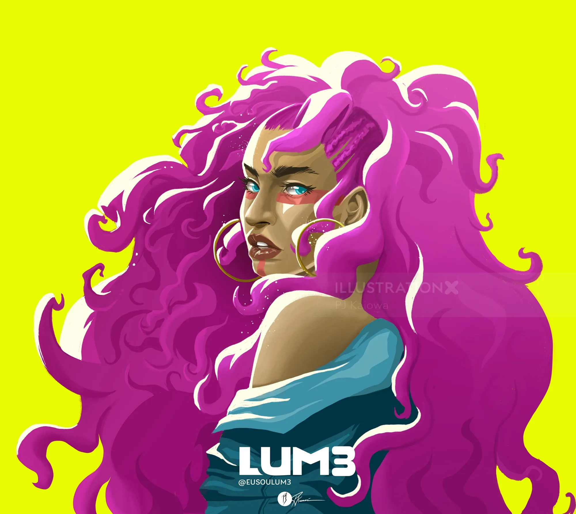 Woman with flowing bright pink hair and teal clothing on yellow background