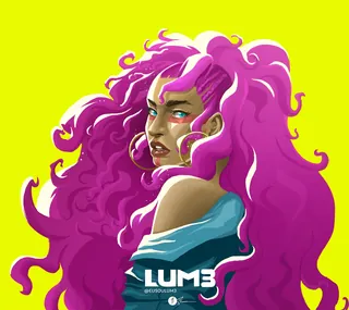 Woman with flowing bright pink hair and teal clothing on yellow background