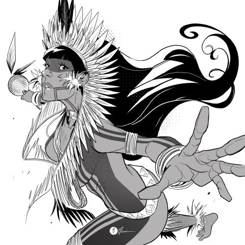 Native American archer in feathered headdress drawing a bow in black and white.