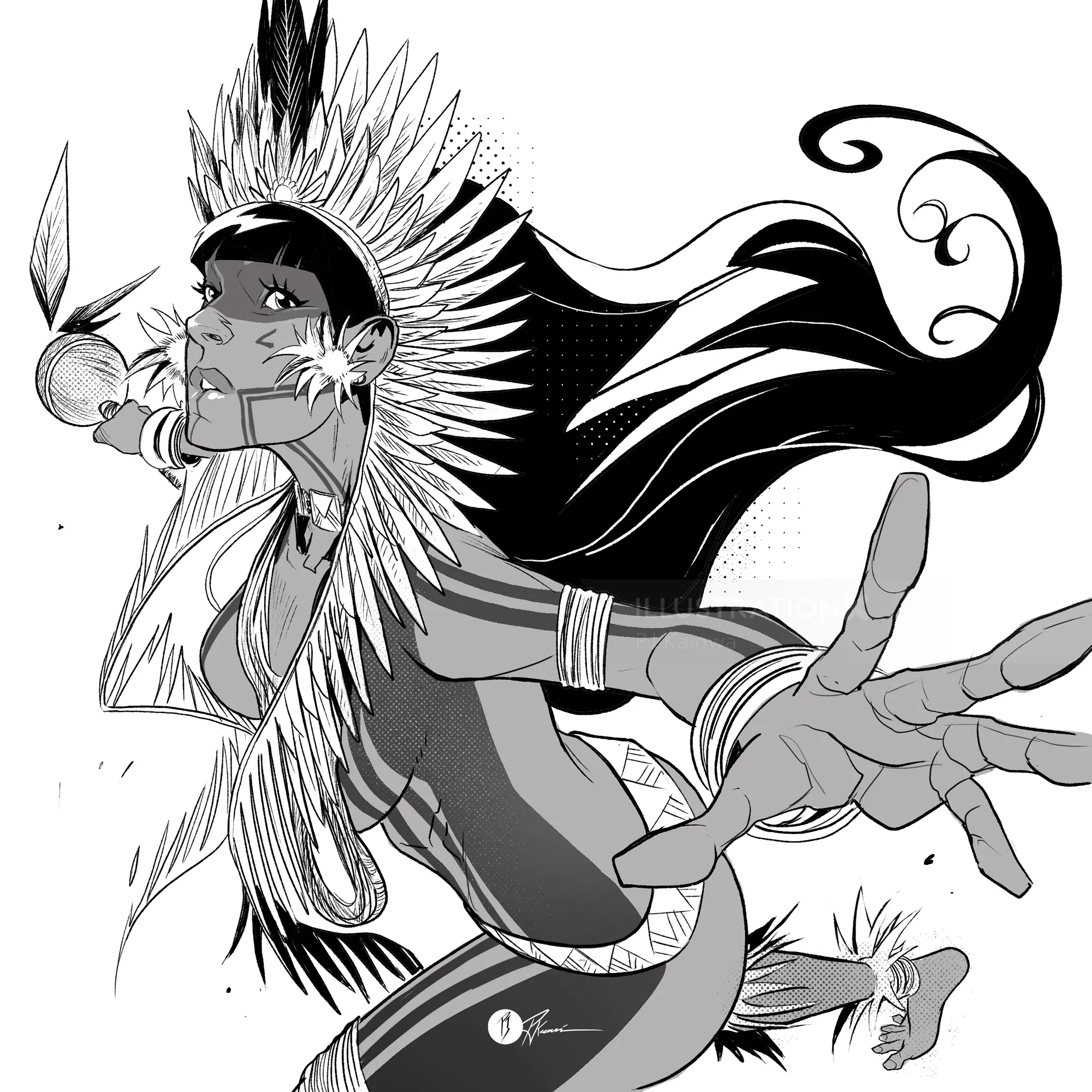 Native American archer in feathered headdress drawing a bow in black and white.