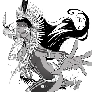 Native American archer in feathered headdress drawing a bow in black and white.